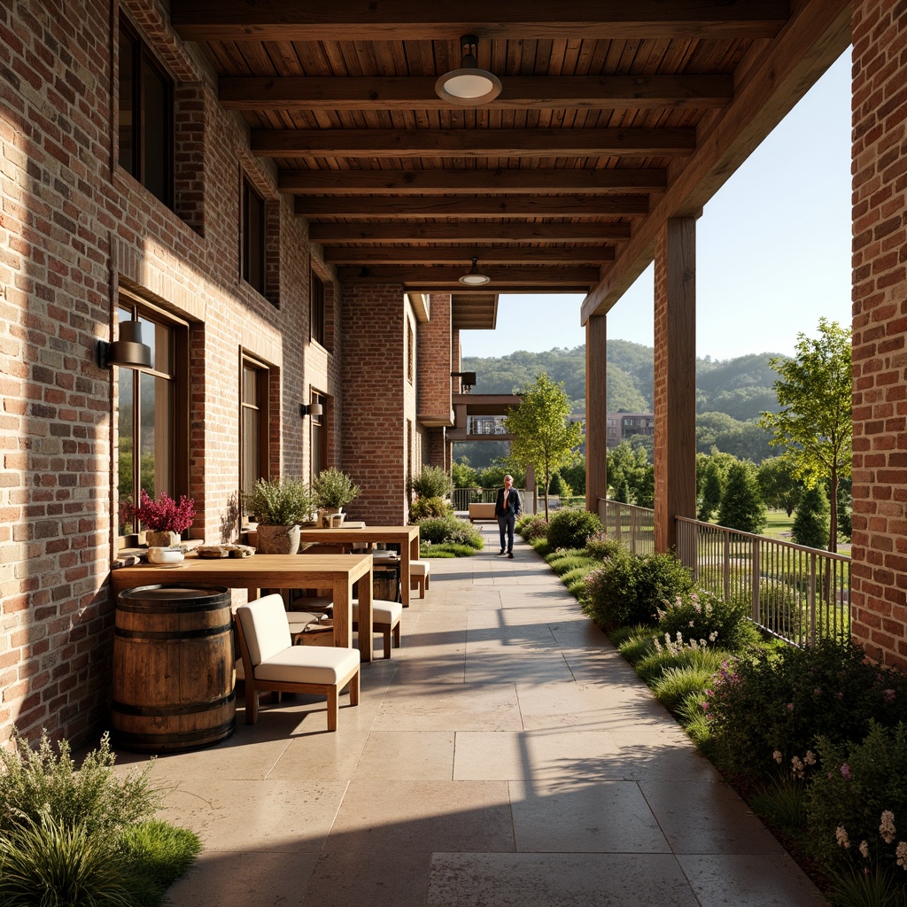 Prompt: Rustic winery social housing, earthy tone brick facades, wooden accents, natural stone walls, reclaimed wood flooring, exposed beam ceilings, industrial metal doors, vintage wine barrels, lush green vines, rolling hills, sunny afternoon, warm soft lighting, shallow depth of field, 3/4 composition, panoramic view, realistic textures, ambient occlusion.