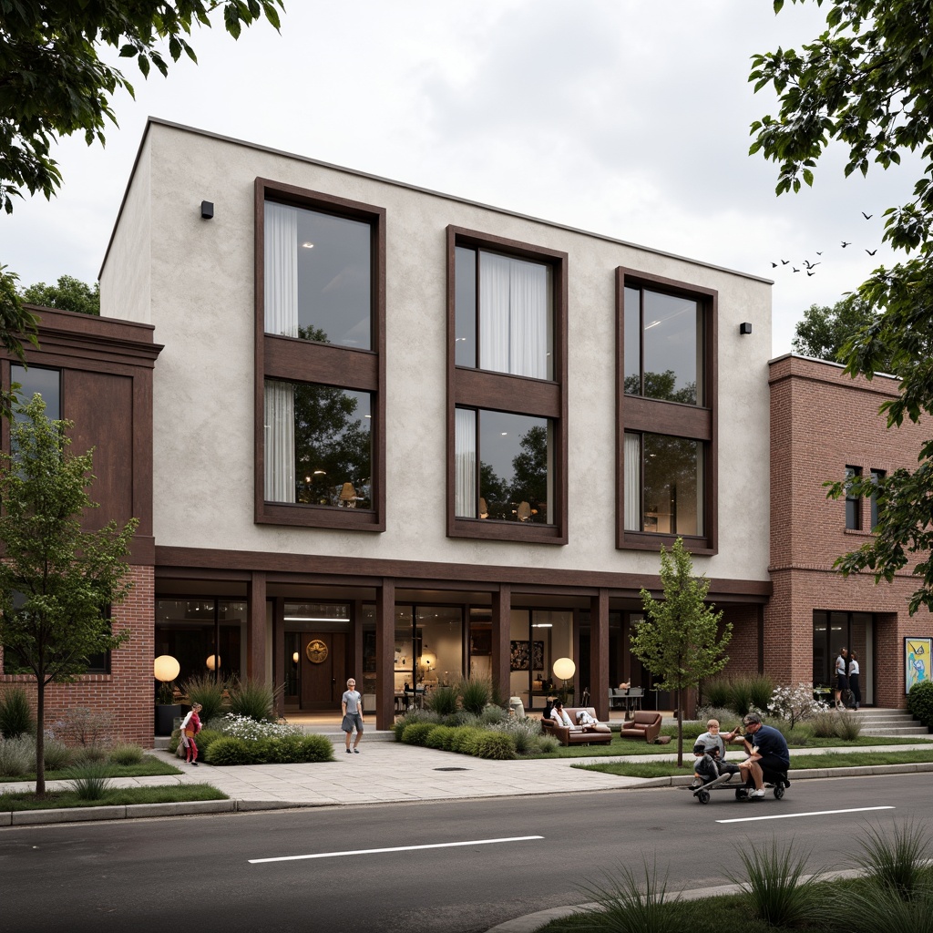 Prompt: Rustic community center, Bauhaus-inspired facade, rectangular forms, clean lines, industrial materials, exposed brick walls, steel beams, large windows, minimalist decor, functional simplicity, earthy color palette, natural textures, communal outdoor spaces, vibrant street art, urban landscape, cloudy sky, soft diffused lighting, 1/1 composition, realistic renderings, ambient occlusion.