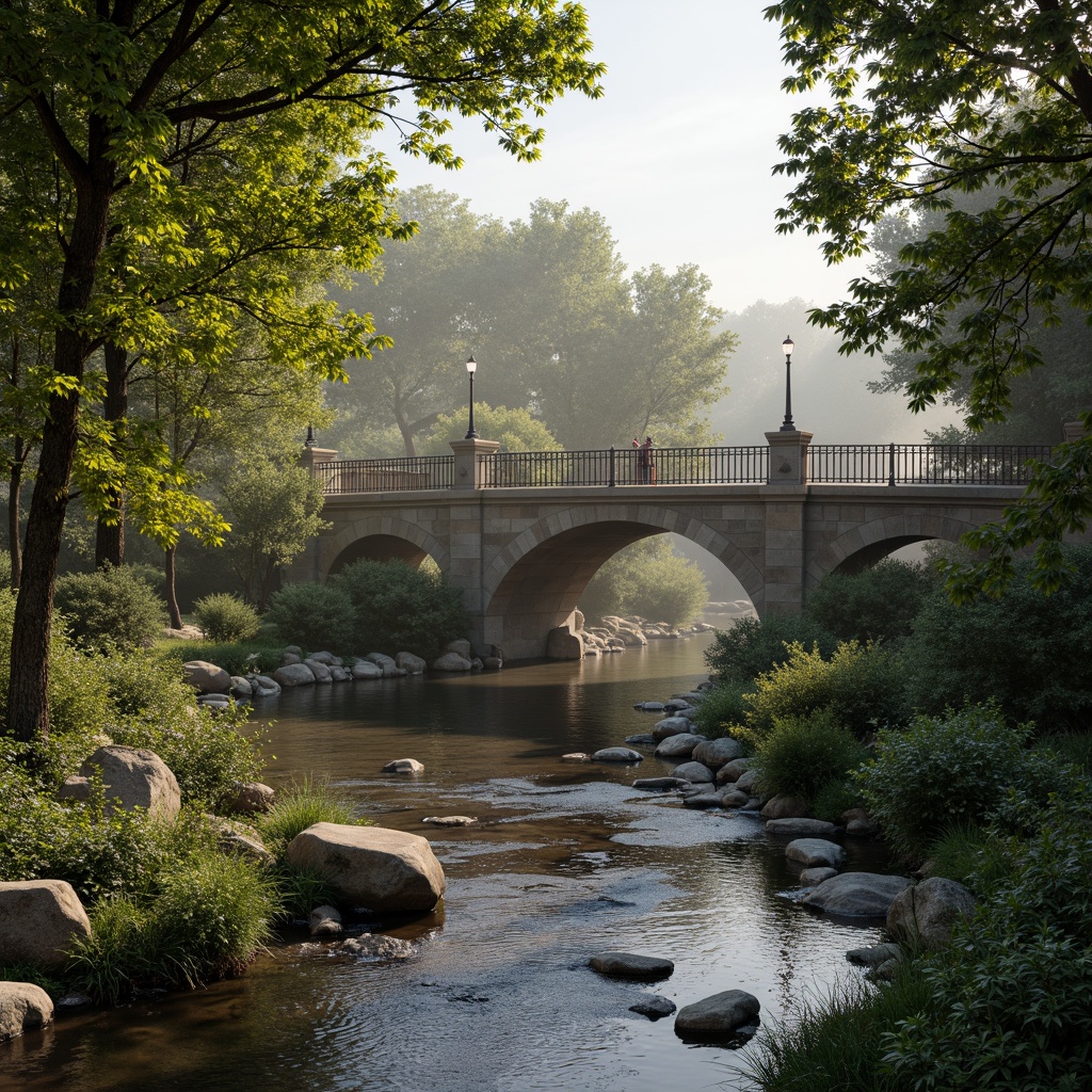 Prompt: Rustic stone bridges, ornate metal railings, lush greenery, serene water reflections, natural rock formations, gentle streams, peaceful countryside, classicism-inspired architecture, symmetrical compositions, grand arches, elegant columns, soft warm lighting, misty morning atmosphere, shallow depth of field, 1/2 composition, realistic textures, ambient occlusion.