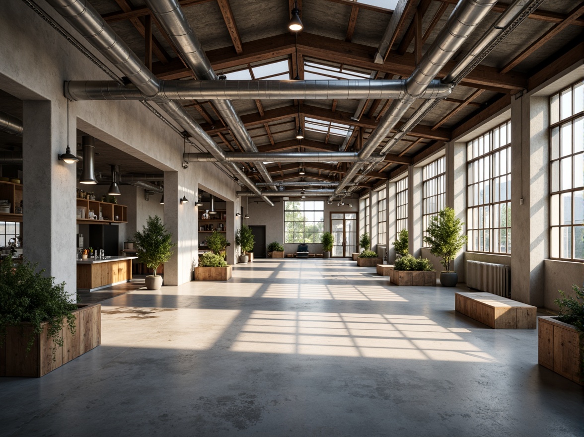 Prompt: Industrial factory setting, minimalist aesthetic, exposed ductwork, polished concrete floors, steel beams, large windows, clerestory windows, skylights, natural light pouring in, soft warm glow, subtle shadows, industrial chic decor, reclaimed wood accents, metal machinery, functional simplicity, open floor plan, collaborative workspaces, modern LED lighting, subtle color palette, neutral tones, airy atmosphere, shallow depth of field, 1/1 composition, realistic textures, ambient occlusion.