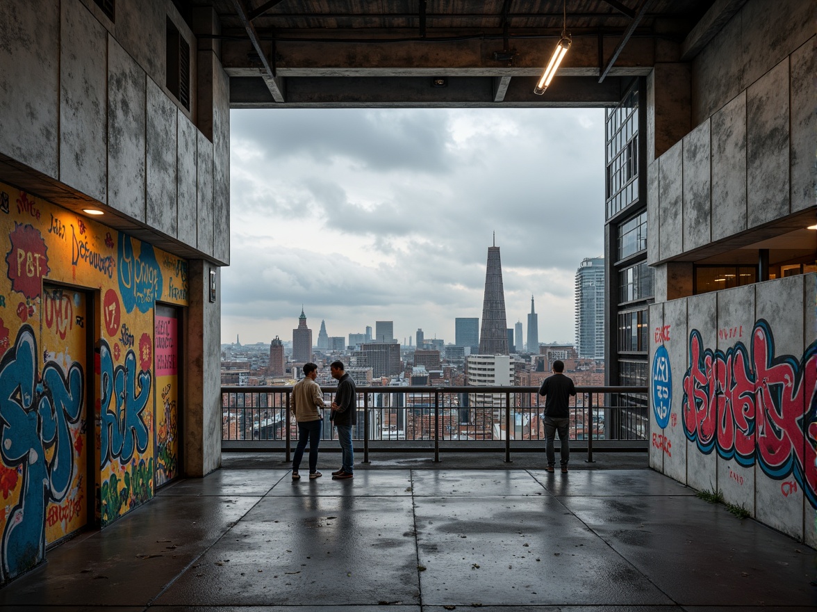 Prompt: Industrial urban landscape, brutalist architecture, exposed concrete walls, steel beams, minimalist decor, monochromatic color scheme, bold accent colors, vibrant street art, graffiti murals, urban textures, distressed finishes, reclaimed wood accents, industrial lighting fixtures, metal railings, cityscape views, cloudy skies, dramatic shadows, high contrast ratio, 1/2 composition, cinematic mood, gritty realism.