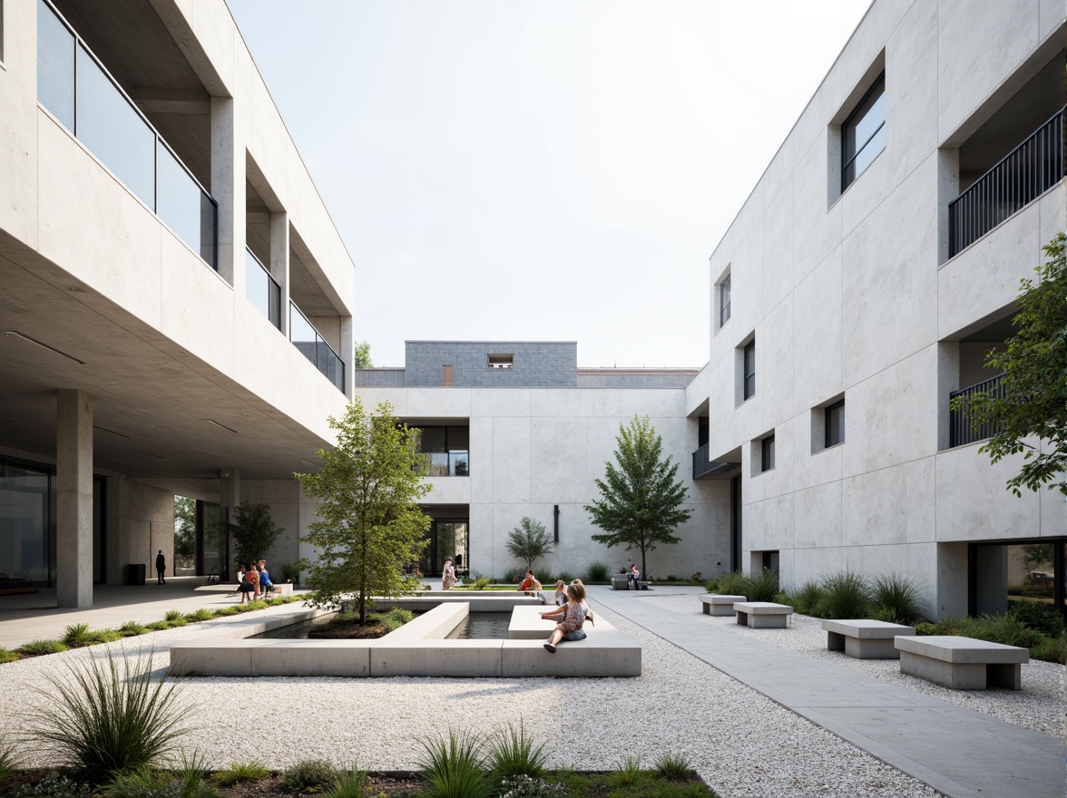 Prompt: Sleek science center, minimalist architecture, clean lines, simple forms, monochromatic color scheme, abundant natural light, open spaces, sparse vegetation, gravel pathways, modern benches, subtle water features, geometric planters, industrial materials, exposed ductwork, polished concrete floors, floor-to-ceiling windows, minimal ornamentation, functional design, sustainable systems, green roofs, solar panels, rainwater harvesting, serene atmosphere, soft diffused lighting, shallow depth of field, 3/4 composition, panoramic view, realistic textures, ambient occlusion.