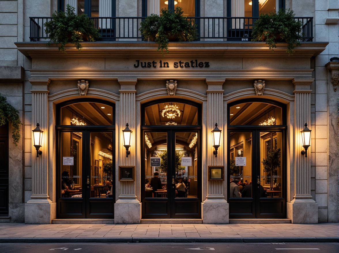 Prompt: Grandiose pub facade, neoclassical architecture, ornate stone carvings, Corinthian columns, arched windows, rusticated base, symmetrical composition, richly textured stonework, warm golden lighting, subtle gradient mapping, 1/2 composition, atmospheric perspective, realistic material reflections, intricate moldings, ornamental metalwork, vintage signage, classic lanterns, bustling street scene, lively evening atmosphere.