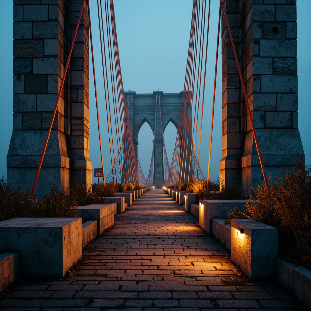 Prompt: Vibrant orange suspension cables, deep blue steel beams, warm golden lighting, misty atmospheric effects, rugged stone piers, dynamic curved lines, bold geometric shapes, distressed metal textures, eerie nighttime ambiance, high-contrast color palette, dramatic shadows, cinematic composition, 1/2 framing, low-key lighting, mysterious foggy atmosphere.