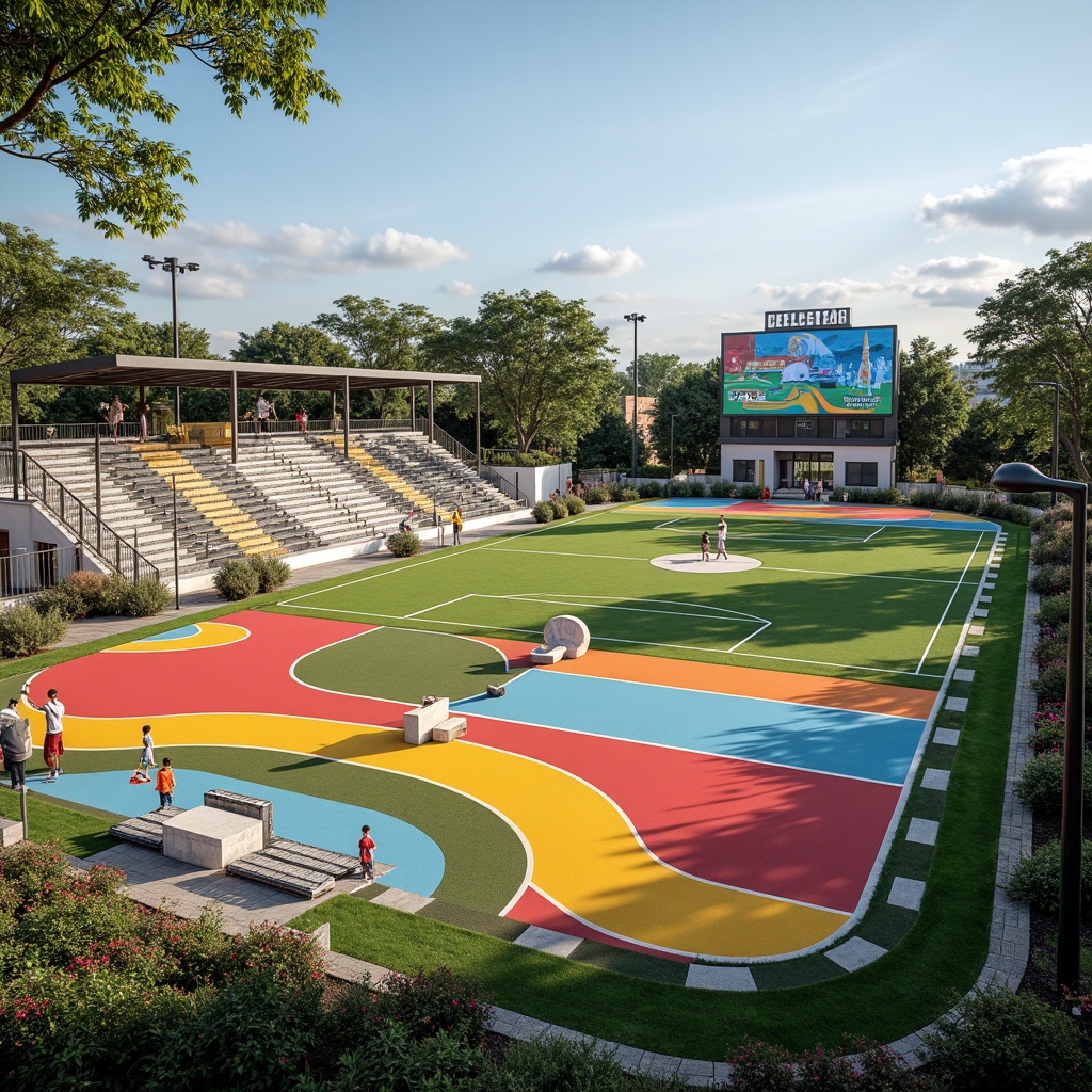 Prompt: Vibrant sports fields, eclectic mix of patterns, bold color blocking, dynamic shapes, irregular lines, abstract textures, modernist architecture, sleek metal bleachers, minimalist scoreboard, avant-garde lighting fixtures, dramatic shadows, warm sunny day, soft natural grass, artificial turf, athletic tracks, soccer goals, basketball hoops, tennis courts, volleyball nets, spectator seating areas, shaded canopies, ornate fencing, eclectic sculptures, abstract murals, 3/4 composition, shallow depth of field, panoramic view, realistic textures, ambient occlusion.