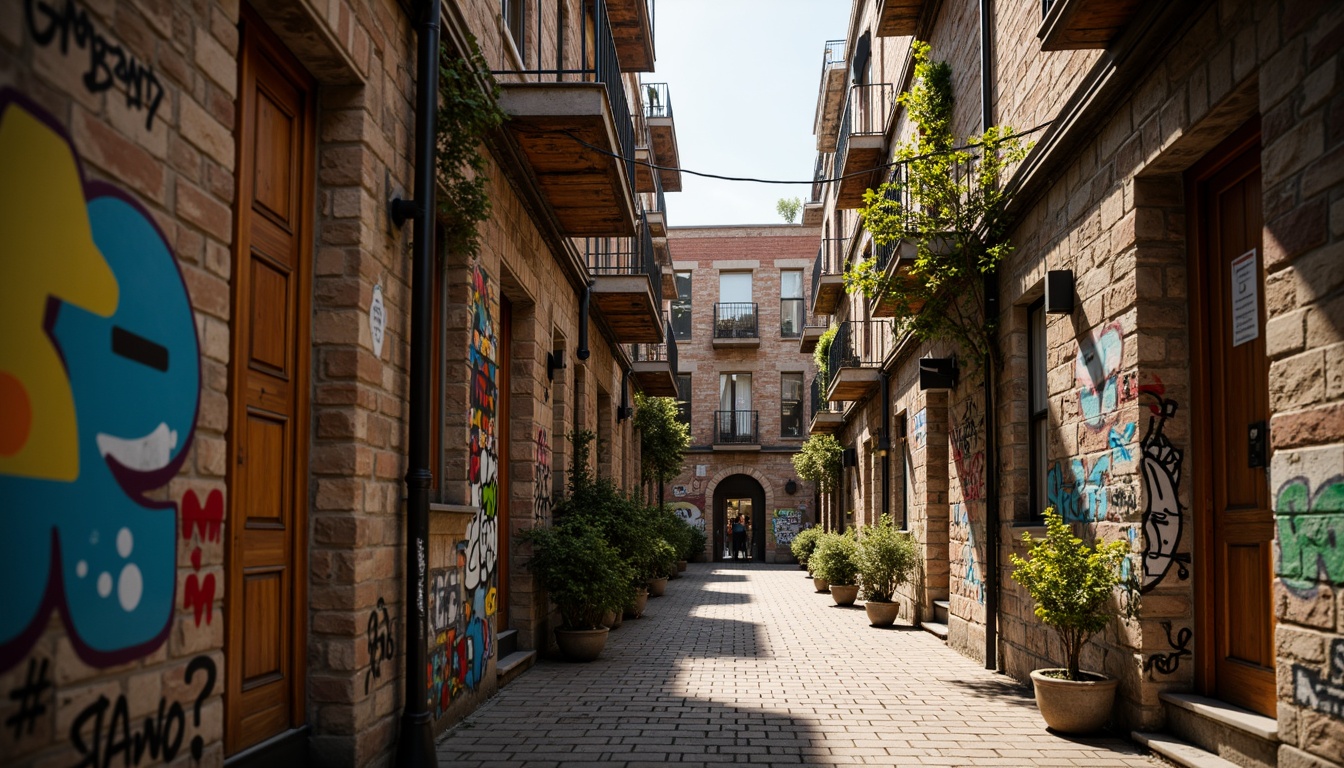 Prompt: Rustic wooden planks, distressed metal sheets, rough stone walls, vibrant graffiti murals, eclectic urban landscapes, gritty alleyways, worn brick facades, ornate architectural details, intricate mosaic patterns, warm golden lighting, shallow depth of field, 1/1 composition, realistic textures, ambient occlusion.