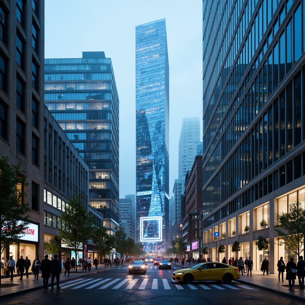 Prompt: Futuristic cityscape, sleek skyscrapers, iridescent glass facades, metallic frames, neon lights, holographic advertisements, bustling streets, flying cars, robotic pedestrians, cyberpunk atmosphere, misty evening, soft blue lighting, shallow depth of field, 1/1 composition, panoramic view, realistic reflections, ambient occlusion.