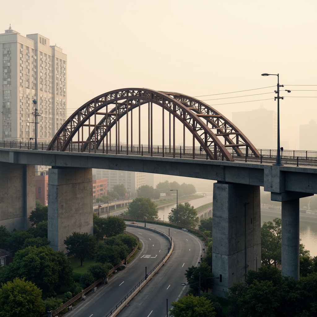 Prompt: Rustic vehicular bridge, steel arches, suspension cables, concrete piers, asphalt roadways, metallic railings, urban cityscape, misty morning fog, soft warm lighting, shallow depth of field, 1/1 composition, realistic textures, ambient occlusion, structural beams, load-bearing columns, reinforced concrete foundations, drainage systems, waterproof coatings, anti-corrosion treatments, safety barriers, pedestrian walkways, scenic overlooks.