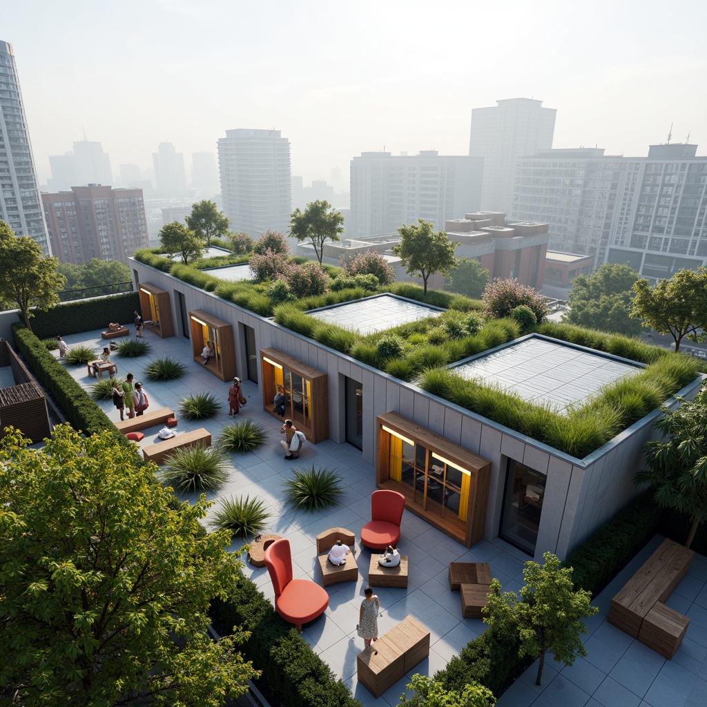 Prompt: Eco-friendly hostel, futuristic architecture, green roofs, solar panels, wind turbines, water conservation systems, recycled materials, minimalist design, angular lines, sleek metal fa\u00e7ades, LED lighting, vibrant colorful accents, geometric patterns, modular furniture, communal spaces, rooftop gardens, urban skyline views, misty morning atmosphere, soft natural light, shallow depth of field, 3/4 composition, panoramic view, realistic textures, ambient occlusion.