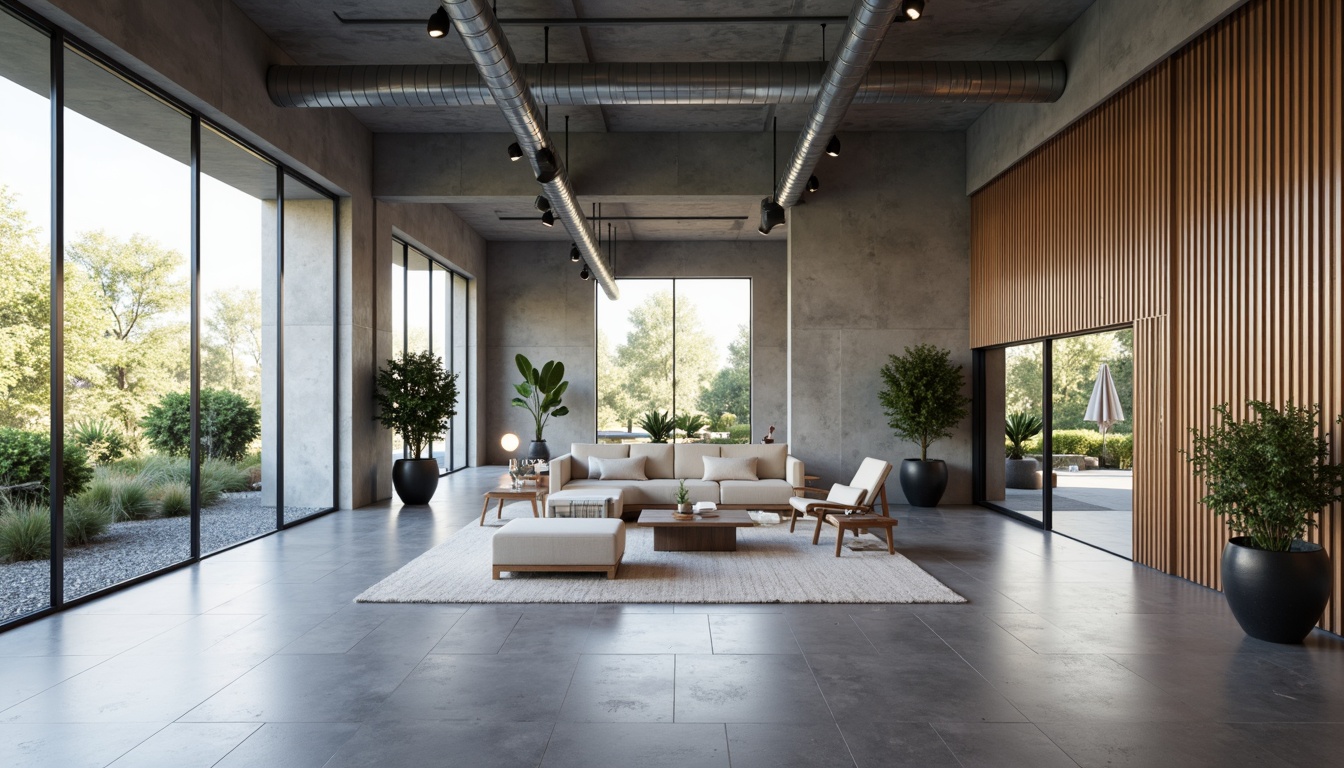 Prompt: Clean lines, simple shapes, monochromatic color scheme, industrial materials, exposed ductwork, polished concrete floors, minimalist decor, functional furniture, abundant natural light, floor-to-ceiling windows, sliding glass doors, open floor plans, cantilevered roofs, steel beams, wooden accents, subtle textures, soft ambient lighting, 1/1 composition, symmetrical framing, realistic renderings, atmospheric perspective.