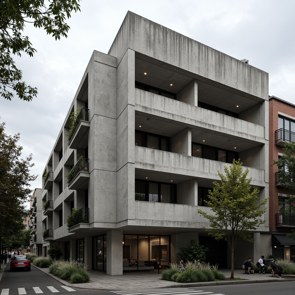 Prompt: Brutalist student hall, rugged concrete facade, bold geometric forms, cantilevered balconies, raw unfinished textures, industrial-style windows, minimalist ornamentation, functional simplicity, urban campus setting, overcast sky, dramatic shadows, high-contrast lighting, 1/1 composition, symmetrical framing, realistic materials, ambient occlusion.