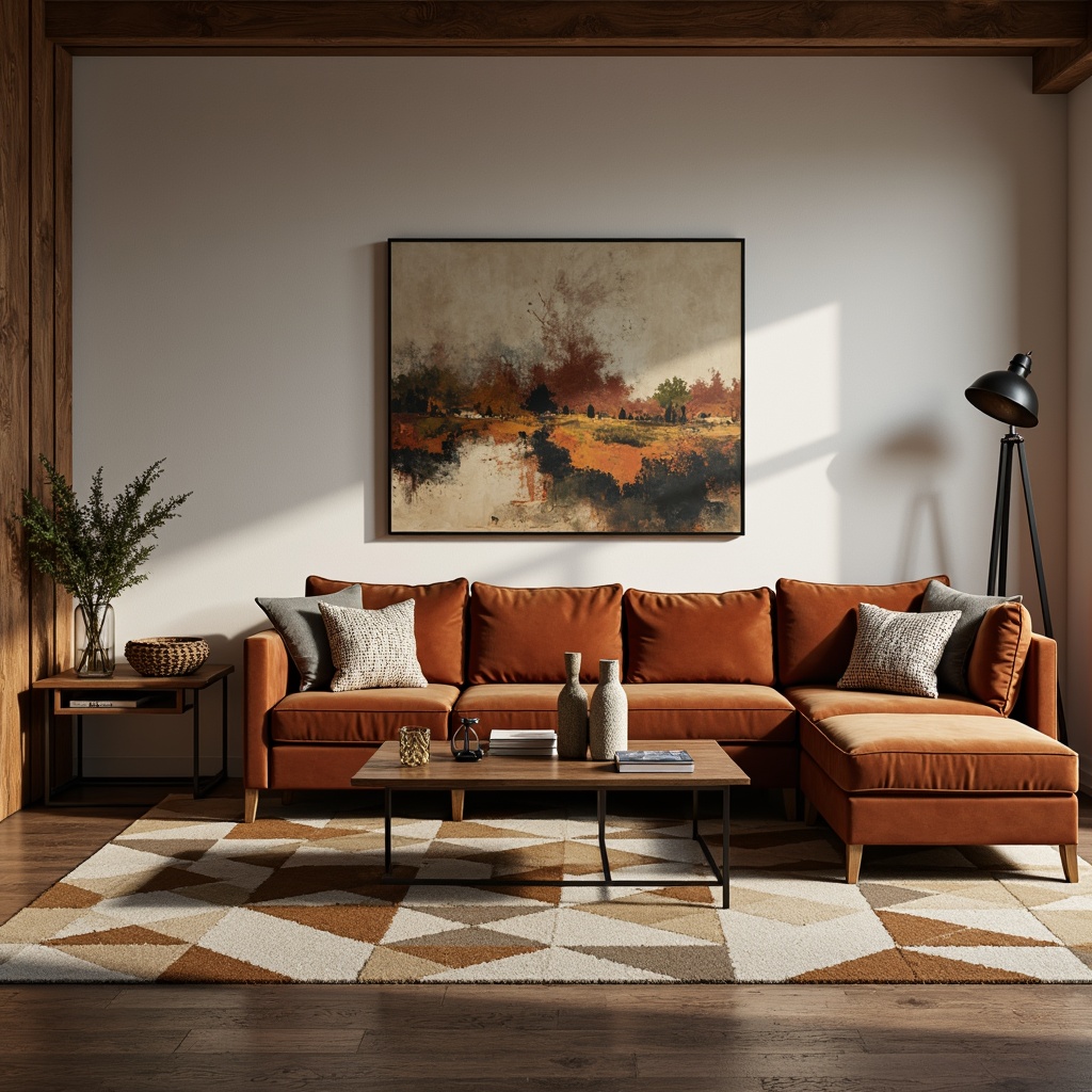 Prompt: Mid-century modern living room, plush velvet sofas, geometric patterned rugs, minimalist coffee tables, industrial metal lamps, abstract artwork, natural fiber textiles, woven baskets, organic shapes, earthy color palette, warm ambient lighting, shallow depth of field, 1/1 composition, soft focus, realistic fabrics, subtle texture details.