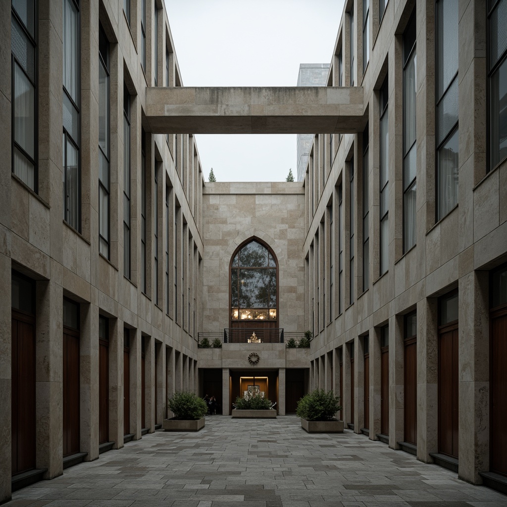 Prompt: Rugged brutalist church, raw concrete walls, bold geometric shapes, dramatic natural light, muted earthy tones, weathered stone fa\u00e7ade, industrial metal accents, minimalist ornamentation, stark simplicity, atmospheric foggy day, soft diffused lighting, high contrast ratio, 1/1 composition, symmetrical framing, realistic textures, ambient occlusion.