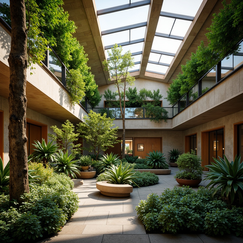 Prompt: Vibrant atrium, lush greenery, natural stone walls, wooden accents, clerestory windows, skylights, solar tubes, reflective surfaces, minimalist decor, open floor plans, airy spaces, soft warm lighting, gentle shadows, 1/1 composition, shallow depth of field, realistic textures, ambient occlusion, morning light, afternoon sunbeams, evening twilight, subtle color palette.