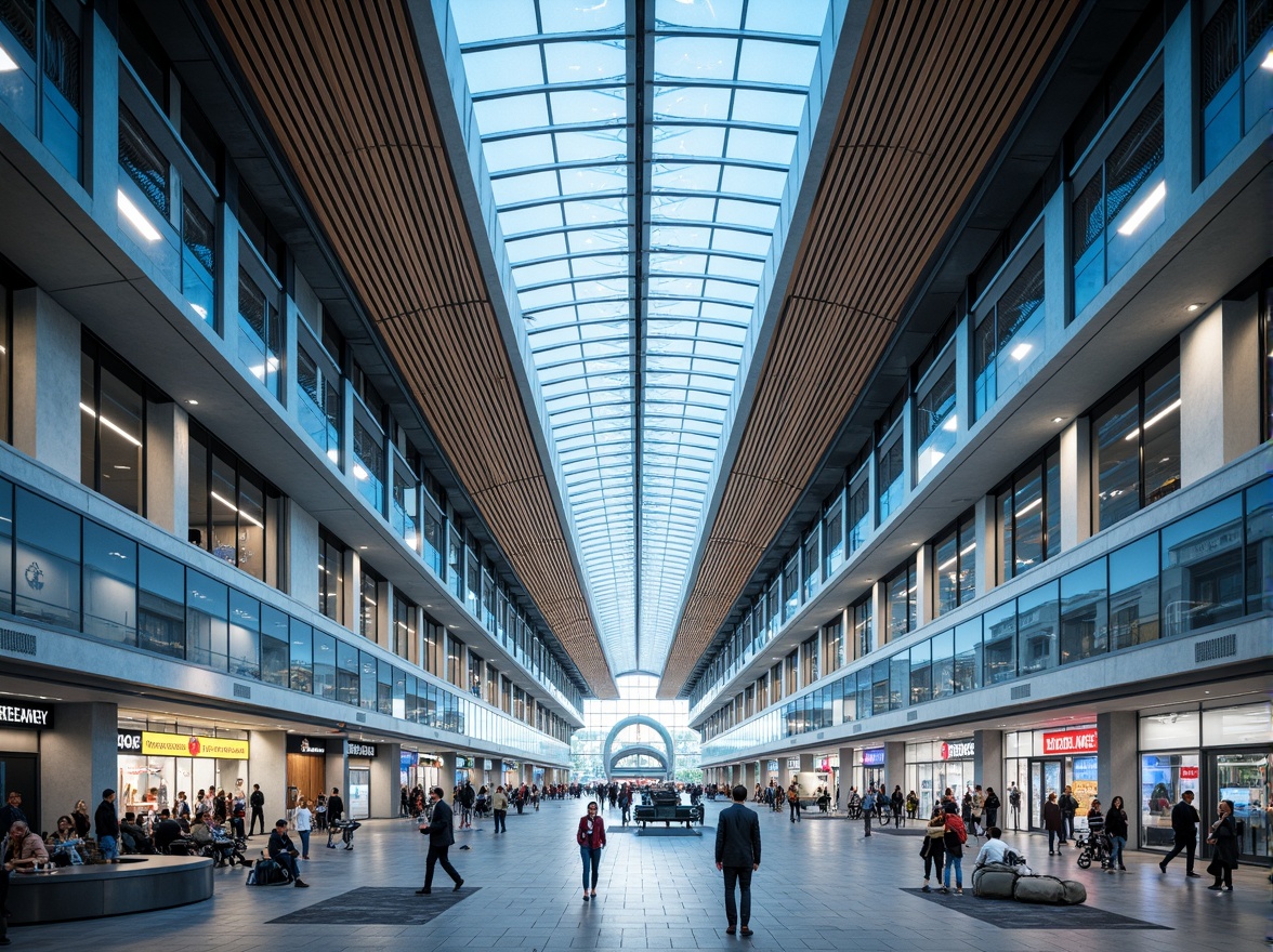 Prompt: Aerodynamic airport terminal, sleek glass fa\u00e7ade, metallic cladding, cantilevered rooflines, minimalist columns, modernist architecture, large windows, sliding doors, LED lighting systems, futuristic interior design, spacious atriums, polished marble floors, stainless steel handrails, geometric patterns, vibrant color schemes, dynamic angular lines, shallow depth of field, 1/1 composition, panoramic view, realistic textures, ambient occlusion.