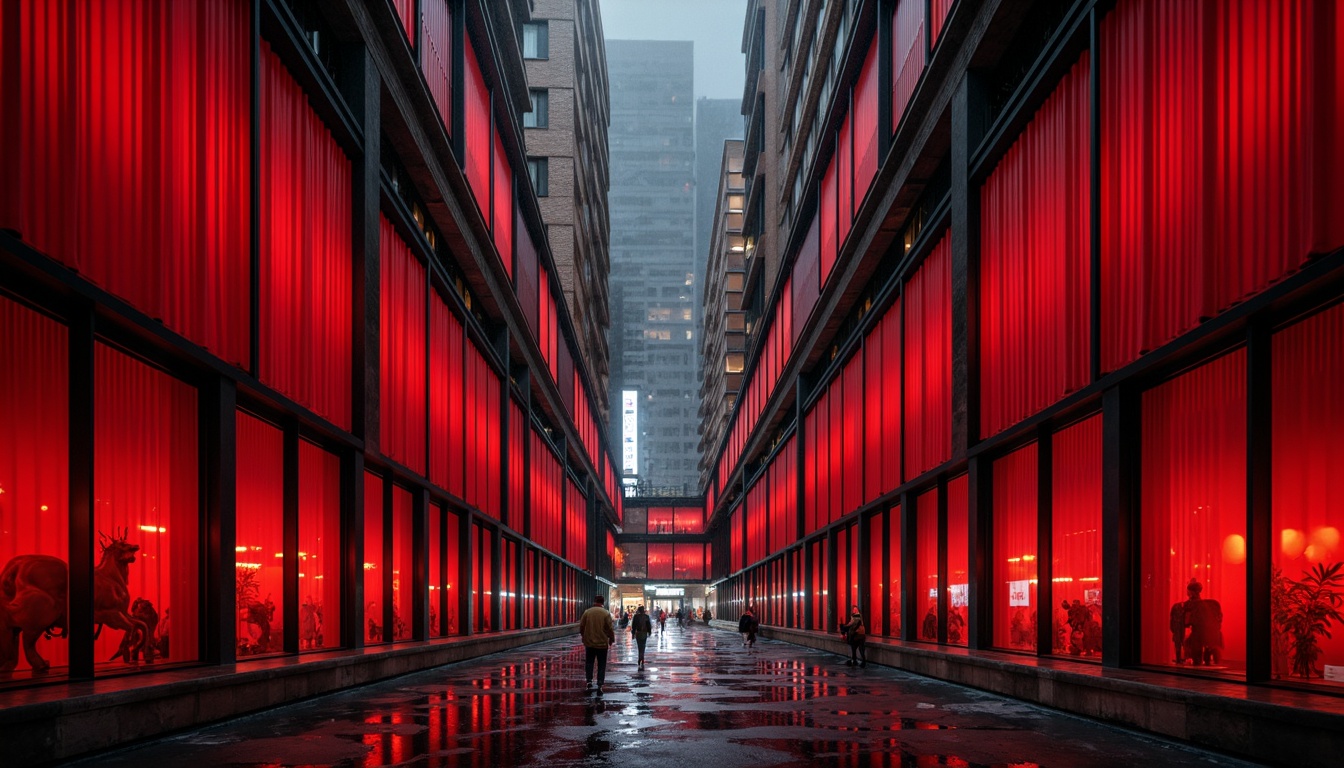 Prompt: Vibrant red curtains, bold black outlines, geometric shapes, abstract forms, avant-garde architecture, industrial materials, exposed brick walls, metallic accents, dynamic lighting, dramatic shadows, futuristic ambiance, urban cityscape, rainy night, misty atmosphere, cinematic mood, high-contrast colors, stark textures, brutalist elements, constructivist patterns, abstract sculptures, experimental art pieces, radical design, revolutionary spirit.