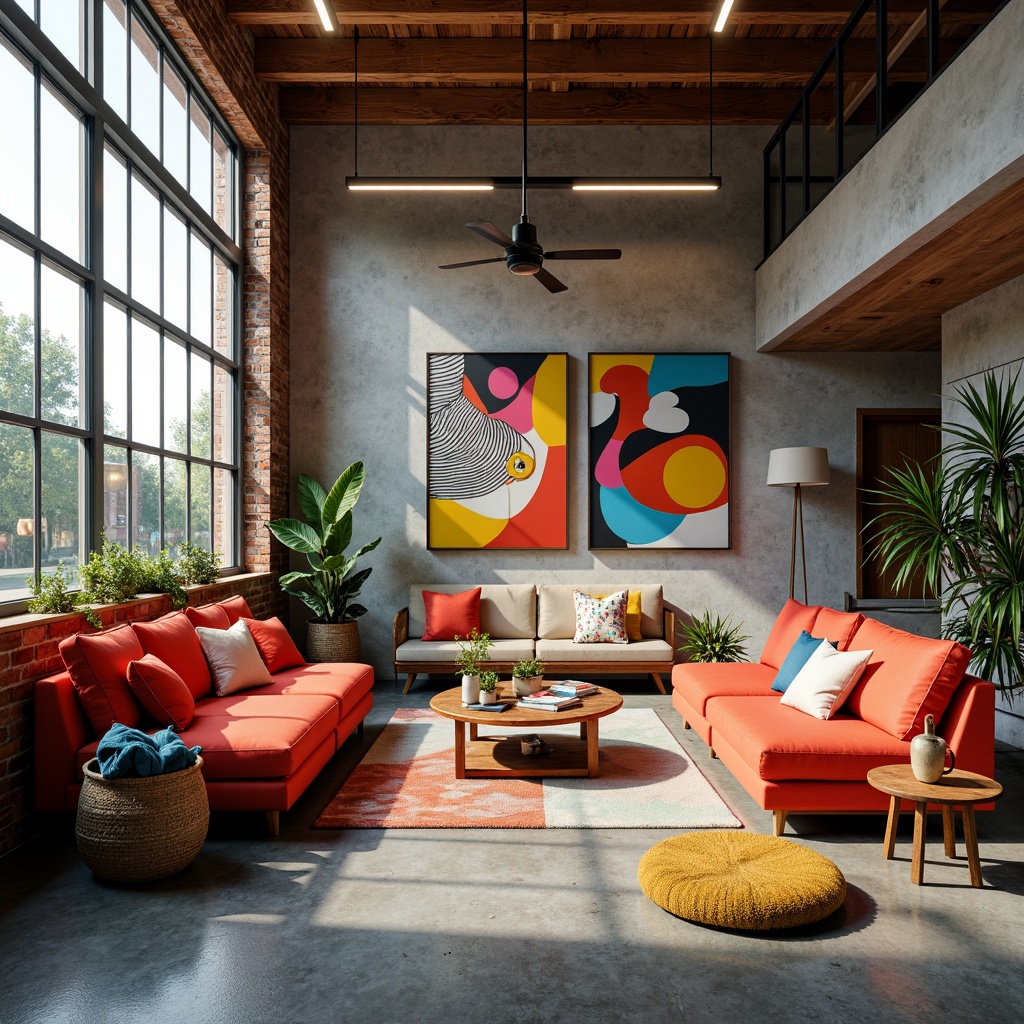 Prompt: Vibrant artistic studio, eclectic furniture, abstract artwork, bold color blocking, contrasting textures, modern industrial architecture, exposed brick walls, polished concrete floors, reclaimed wood accents, natural light pouring in, soft warm glow, 1/1 composition, shallow depth of field, realistic renderings, ambient occlusion.