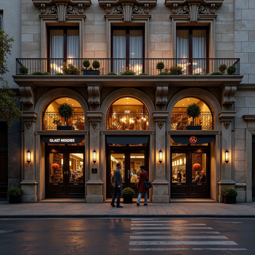 Prompt: Grandiose pub facade, neoclassical architecture, ornate stone carvings, Corinthian columns, arched windows, rusticated base, symmetrical composition, richly textured stonework, warm golden lighting, subtle gradient mapping, 1/2 composition, atmospheric perspective, realistic material reflections, intricate moldings, ornamental metalwork, vintage signage, classic lanterns, bustling street scene, lively evening atmosphere.