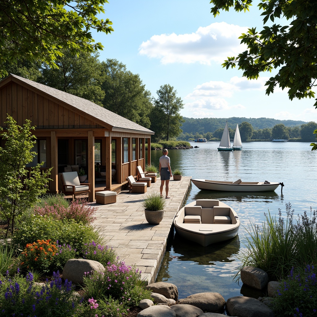 Prompt: Waterfront boathouse, rustic wooden dock, lush greenery, vibrant flowers, tranquil lake views, serene atmosphere, natural stone pathways, weathered wood accents, nautical-themed decor, sailboats, kayaks, paddleboards, rippling water reflections, warm sunny day, soft diffused lighting, shallow depth of field, 1/2 composition, realistic textures, ambient occlusion.