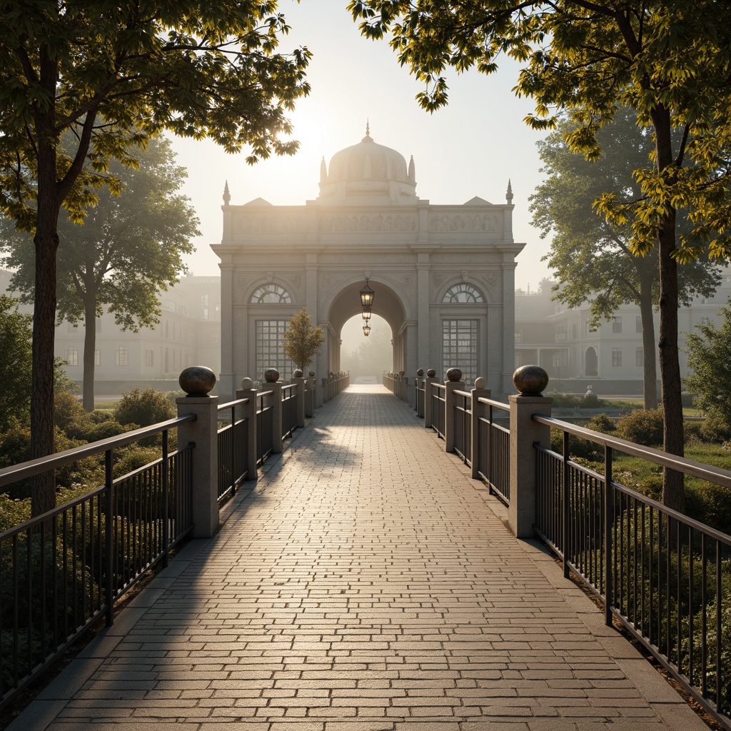 Prompt: Elegant pedestrian bridge, ornate iron railings, classicism-inspired arches, refined stone pillars, intricate carvings, ornamental lanterns, soft warm lighting, misty morning atmosphere, serene river views, lush greenery surroundings, natural stone walkways, decorative metalwork, subtle golden accents, symmetrical composition, shallow depth of field, 3/4 perspective, realistic textures, ambient occlusion.