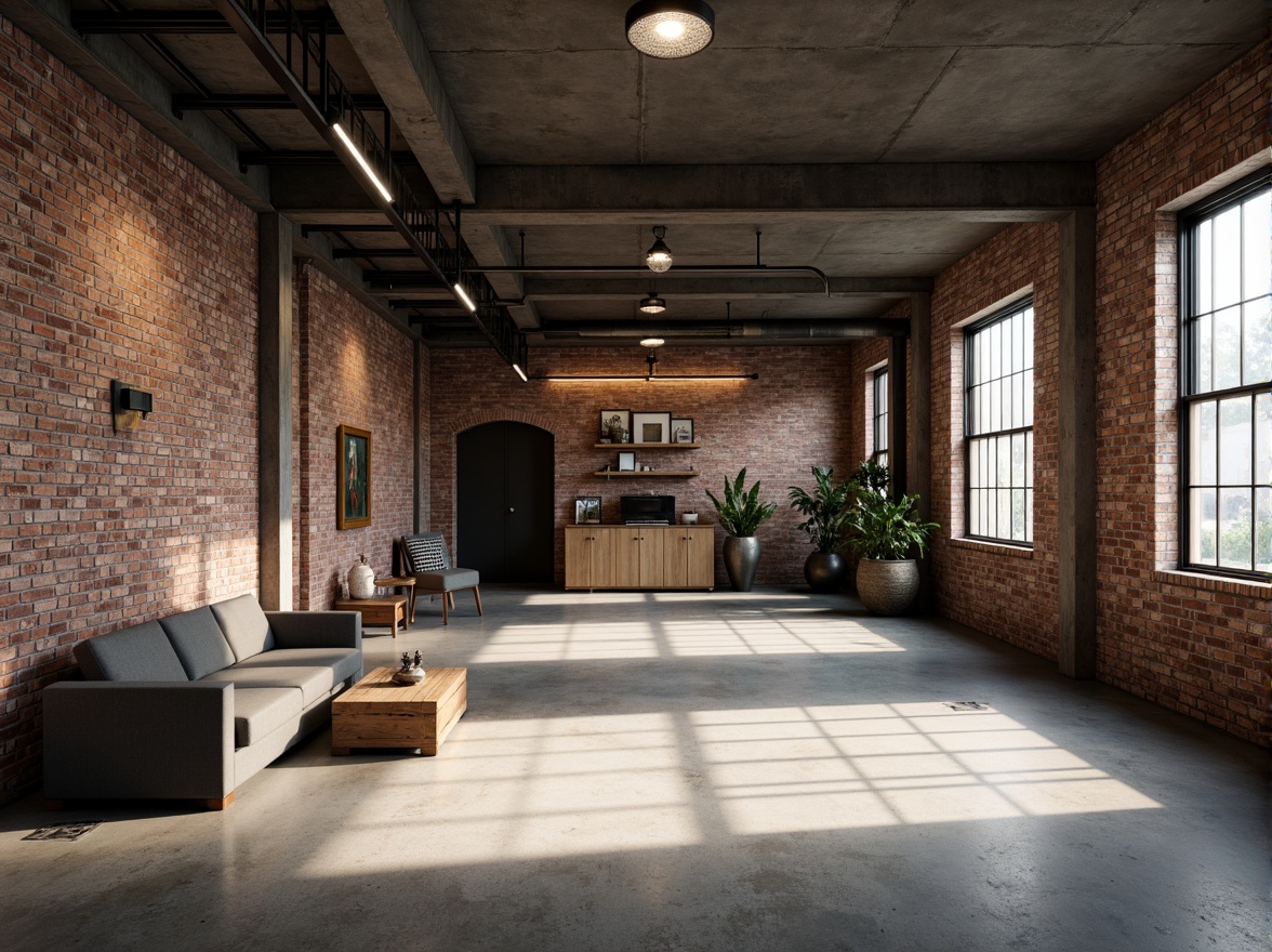 Prompt: Industrial factory setting, exposed brick walls, metal beams, concrete floors, minimalist decor, functional lighting, textured surfaces, distressed wood accents, rusty metal details, urban atmosphere, soft natural light, shallow depth of field, 1/1 composition, realistic materials, ambient occlusion.