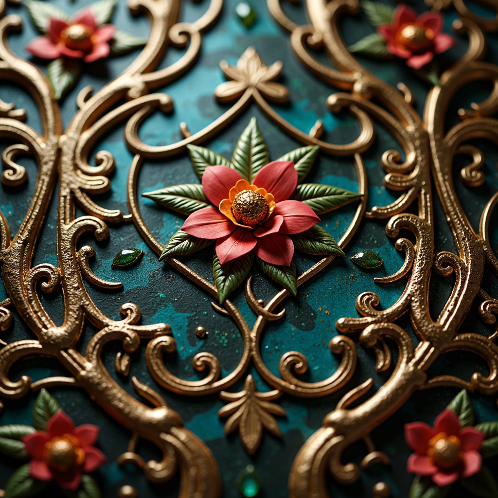 Prompt: Intricate floral patterns, sinuous lines, organic forms, luxurious materials, ornate metalwork, stained glass windows, flowing curves, botanical motifs, peacock-inspired colors, iridescent sheen, beveled edges, gilded accents, velvet textures, soft warm lighting, shallow depth of field, 1/2 composition, intimate close-up view, realistic renderings, ambient occlusion.