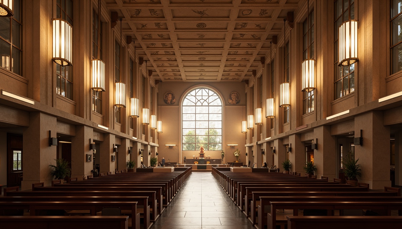 Prompt: Elegant worship hall, high ceilings, grand chandeliers, soft warm lighting, subtle color temperature, ambient illumination, LED strip lights, minimalist fixtures, sacred symbols, intricate stone carvings, stained glass windows, natural light pouring in, dramatic shadows, 1/1 composition, symmetrical framing, realistic textures, atmospheric rendering.