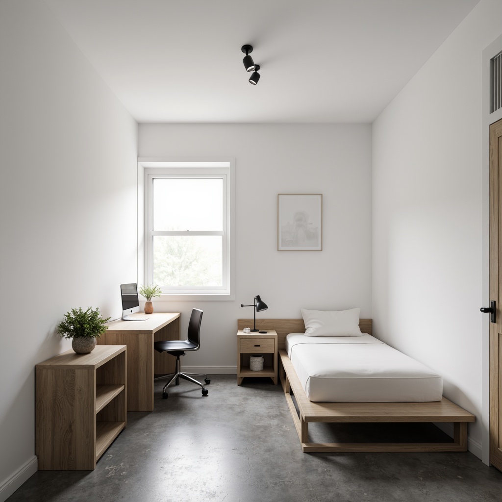 Prompt: Simple dorm room, minimal decor, monochromatic color scheme, sleek wooden furniture, low-profile bed frame, compact desk, ergonomic chair, geometric-shaped nightstand, industrial-style lighting fixtures, concrete floors, plain white walls, subtle textures, natural light, soft shadows, 1/1 composition, realistic rendering, ambient occlusion.