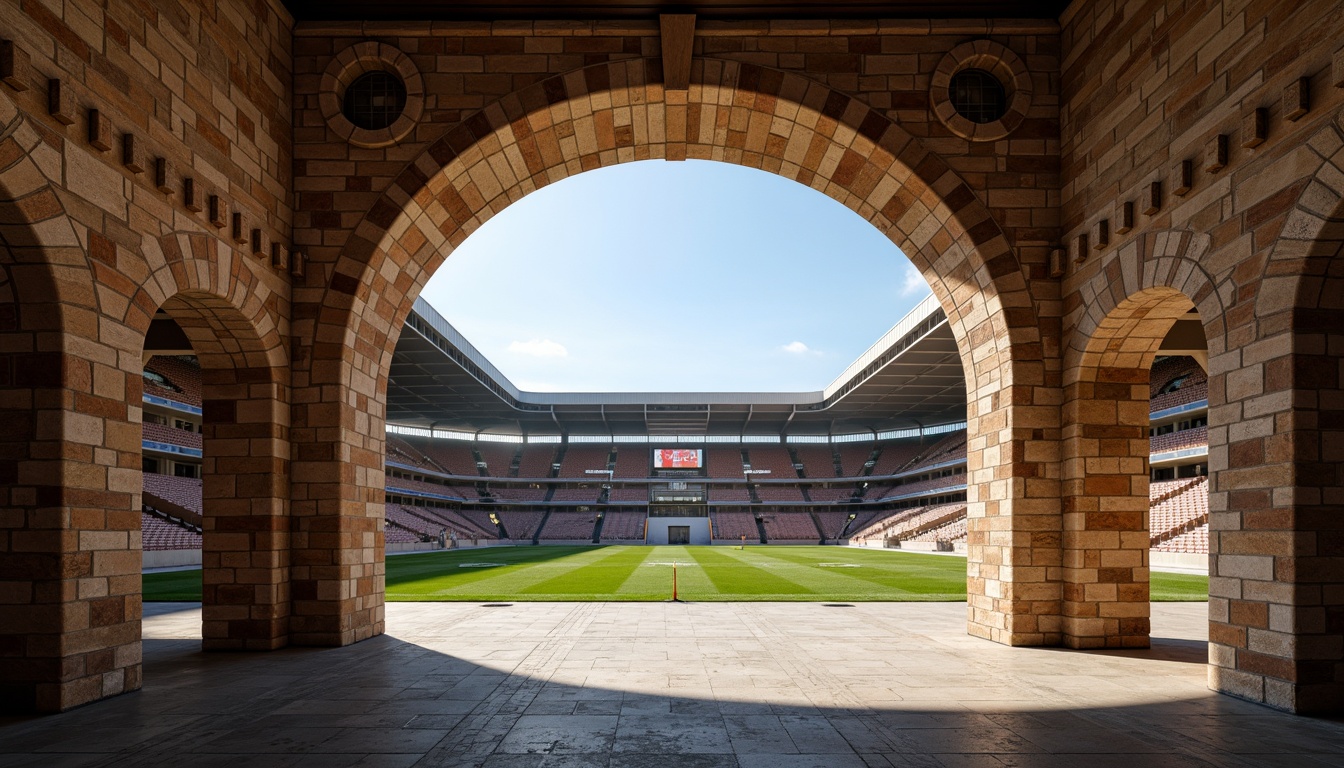 Prompt: Grand stadium architecture, rustic masonry walls, arches, columns, ornate stone carvings, textured brick facades, earthy tones, natural materials, imposing grandstands, tiered seating, lush green fields, athletic tracks, scoreboard displays, floodlighting, dramatic shadows, 1/2 composition, low-angle shot, realistic textures, ambient occlusion.