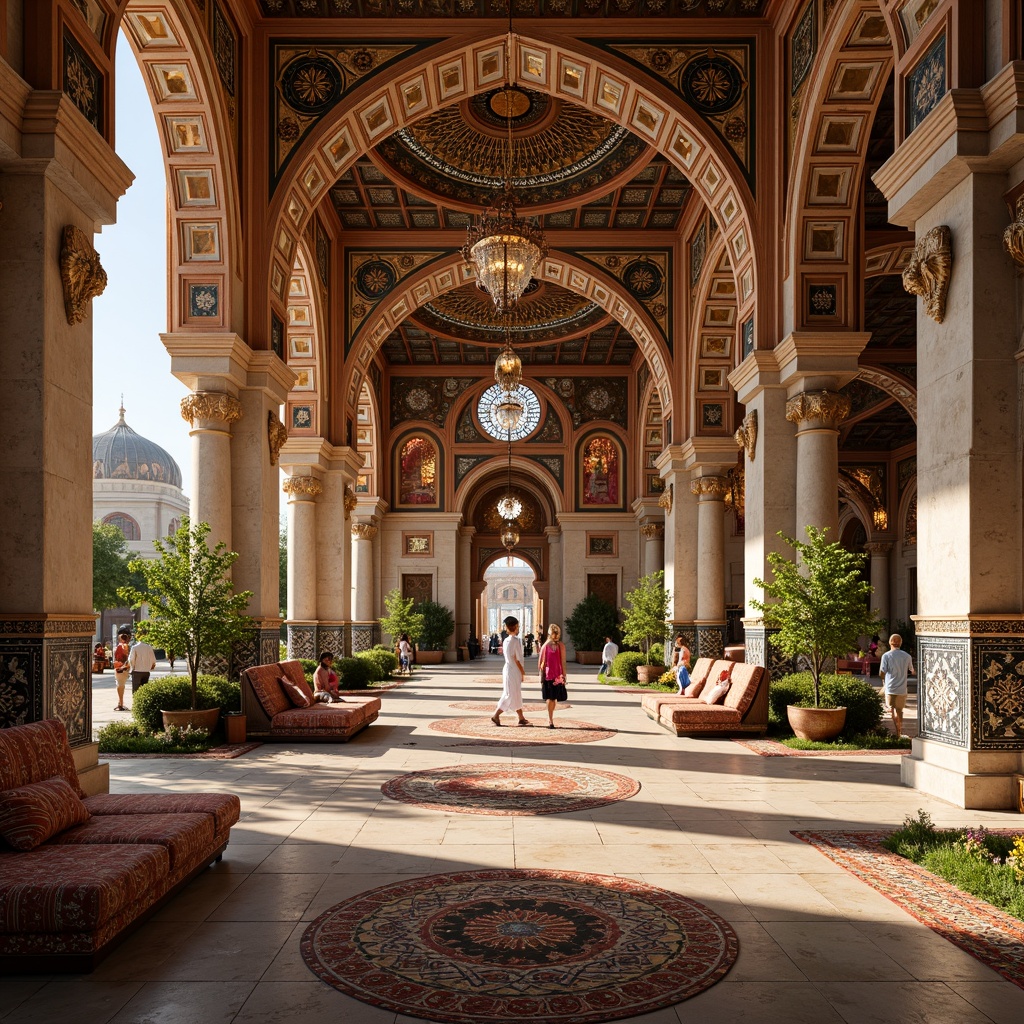 Prompt: Vibrant Islamic-inspired architecture, intricate geometric motifs, ornate tile work, symmetrical archways, grand domes, minarets, colorful mosaics, luxurious textiles, opulent furnishings, lavish decorations, majestic columns, grandiose chandeliers, warm golden lighting, shallow depth of field, 3/4 composition, panoramic view, realistic textures, ambient occlusion.