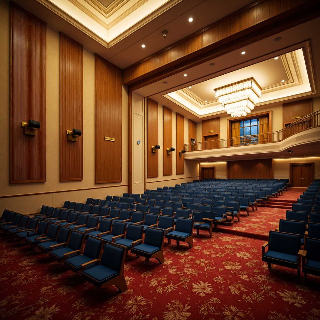 Prompt: Elegant auditorium interior, rich wood tones, warm beige walls, deep blue seats, golden lighting fixtures, sophisticated sound systems, acoustic panels, plush red carpets, dramatic stage lighting, grand chandeliers, ornate architectural details, luxurious velvet curtains, soft cream-colored ceilings, subtle texture contrasts, 1/2 composition, atmospheric misty lighting, realistic material reflections.