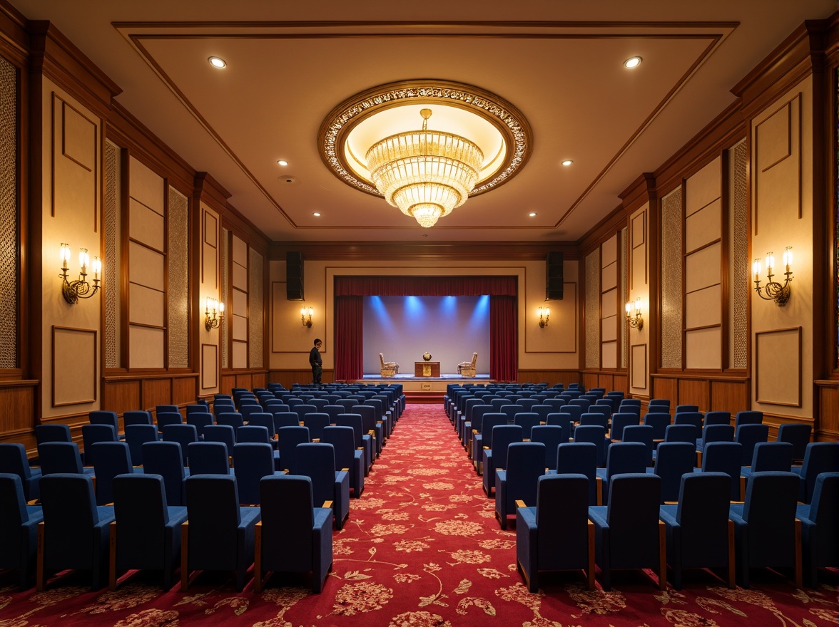 Prompt: Elegant auditorium interior, rich wood tones, warm beige walls, deep blue seats, golden lighting fixtures, sophisticated sound systems, acoustic panels, plush red carpets, dramatic stage lighting, grand chandeliers, ornate architectural details, luxurious velvet curtains, soft cream-colored ceilings, subtle texture contrasts, 1/2 composition, atmospheric misty lighting, realistic material reflections.