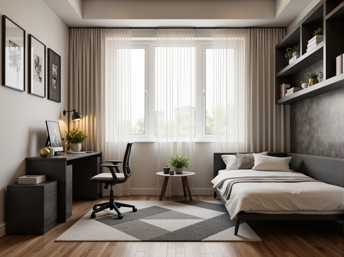 Prompt: Simple dorm room, minimal decor, monochromatic color scheme, sleek metal furniture, compact storage units, clutter-free space, natural light pouring in, sheer white curtains, wooden flooring, geometric-shaped rug, modern desk lamp, ergonomic chair, built-in shelves, industrial-chic accents, calm atmosphere, soft warm lighting, shallow depth of field, 1/1 composition, realistic textures, ambient occlusion.