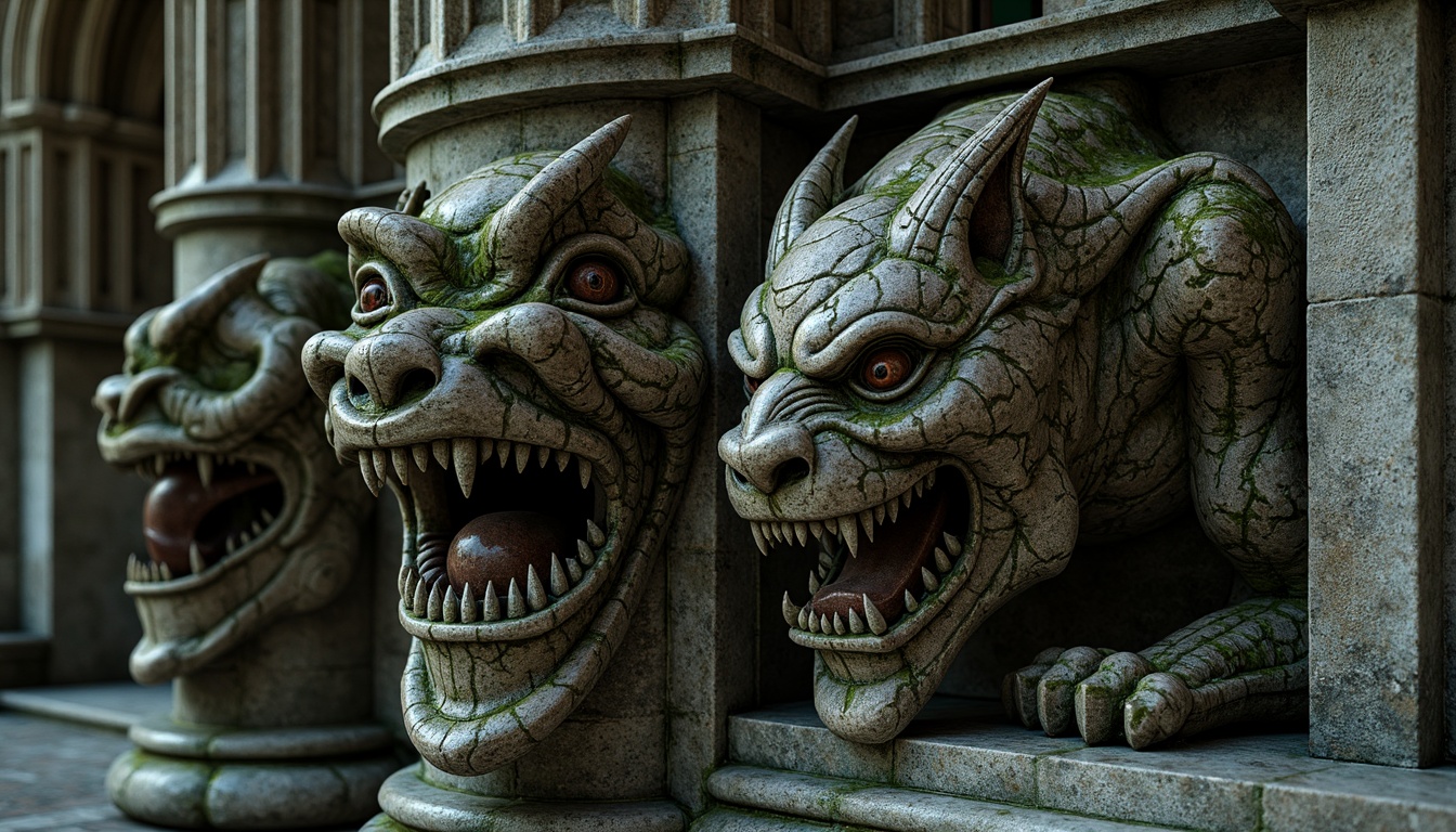 Prompt: Intricate stone carvings, grotesque faces, sharp teeth, menacing eyes, weathered granite, moss-covered surfaces, Gothic architecture, medieval cathedrals, ornate facades, pointed arches, ribbed vaults, flying buttresses, stained glass windows, mysterious ambiance, eerie shadows, dramatic lighting, high-contrast textures, detailed stone patterns, ancient mythological creatures.