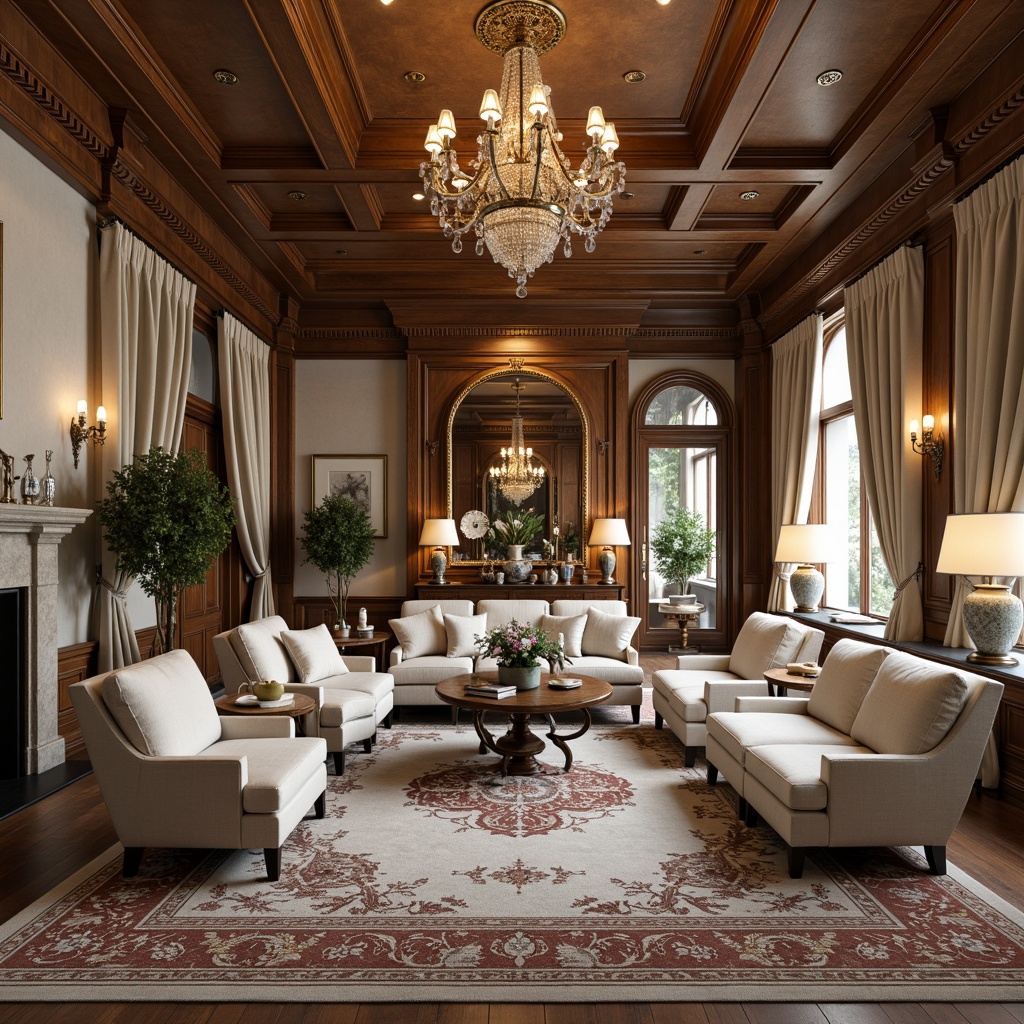 Prompt: Elegant classicism style homes, ornate furnishings, rich wood tones, luxurious fabrics, intricate moldings, high ceilings, grand chandeliers, symmetrical compositions, neutral color palette, subtle textures, refined lighting fixtures, sophisticated accessories, vintage decorative pieces, plush area rugs, statement walls, ornamental mirrors, lavish drapery, soft warm ambiance, shallow depth of field, 1/1 composition, realistic renderings, ambient occlusion.