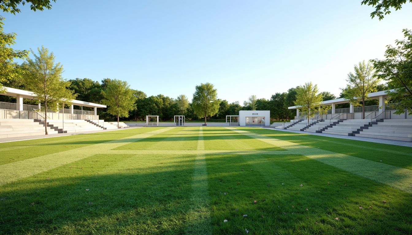 Prompt: Simple sports field, lush green grass, white goalposts, minimalist bleachers, clean lines, modernist architecture, sleek metal fences, natural stone pathways, sparse trees, clear blue sky, warm sunny day, soft diffused lighting, shallow depth of field, 3/4 composition, panoramic view, realistic textures, ambient occlusion.