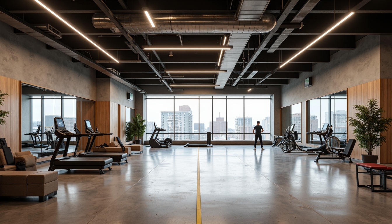 Prompt: Minimalist gymnasium interior, industrial chic aesthetic, polished concrete floors, exposed ductwork, sleek metal beams, modern LED lighting fixtures, suspended linear lamps, recessed ceiling lights, ambient indirect illumination, soft warm glow, high ceilings, large windows, natural daylight, urban cityscape views, athletic equipment, free weights, treadmills, exercise machines, mirrored walls, wooden accents, minimalist color palette, neutral tones, subtle textures, 1/1 composition, shallow depth of field, realistic reflections.