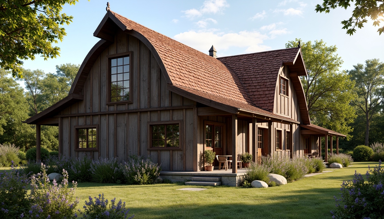 Prompt: Rustic barn, renaissance revival style, curved rooflines, terra cotta tiles, weathered wooden beams, ornate metal decorations, vintage farm tools, lush greenery, blooming wildflowers, sunny afternoon, soft warm lighting, shallow depth of field, 3/4 composition, panoramic view, realistic textures, ambient occlusion, distressed wood accents, earthy color palette, natural stone foundations, asymmetrical facade, decorative trusses, ornate roof finials.