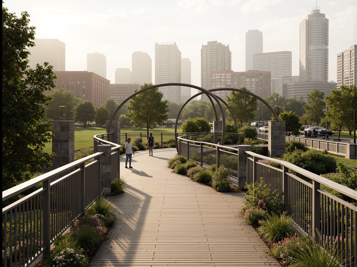 Prompt: Curved pedestrian bridge, sleek metal railings, wooden decking, lush greenery, vibrant flowers, natural stone pillars, modern architecture, urban landscape, city skyline, busy streets, morning fog, soft warm lighting, shallow depth of field, 3/4 composition, panoramic view, realistic textures, ambient occlusion, gentle water features, scenic overlooks, accessible ramps, safety handrails, innovative engineering solutions.