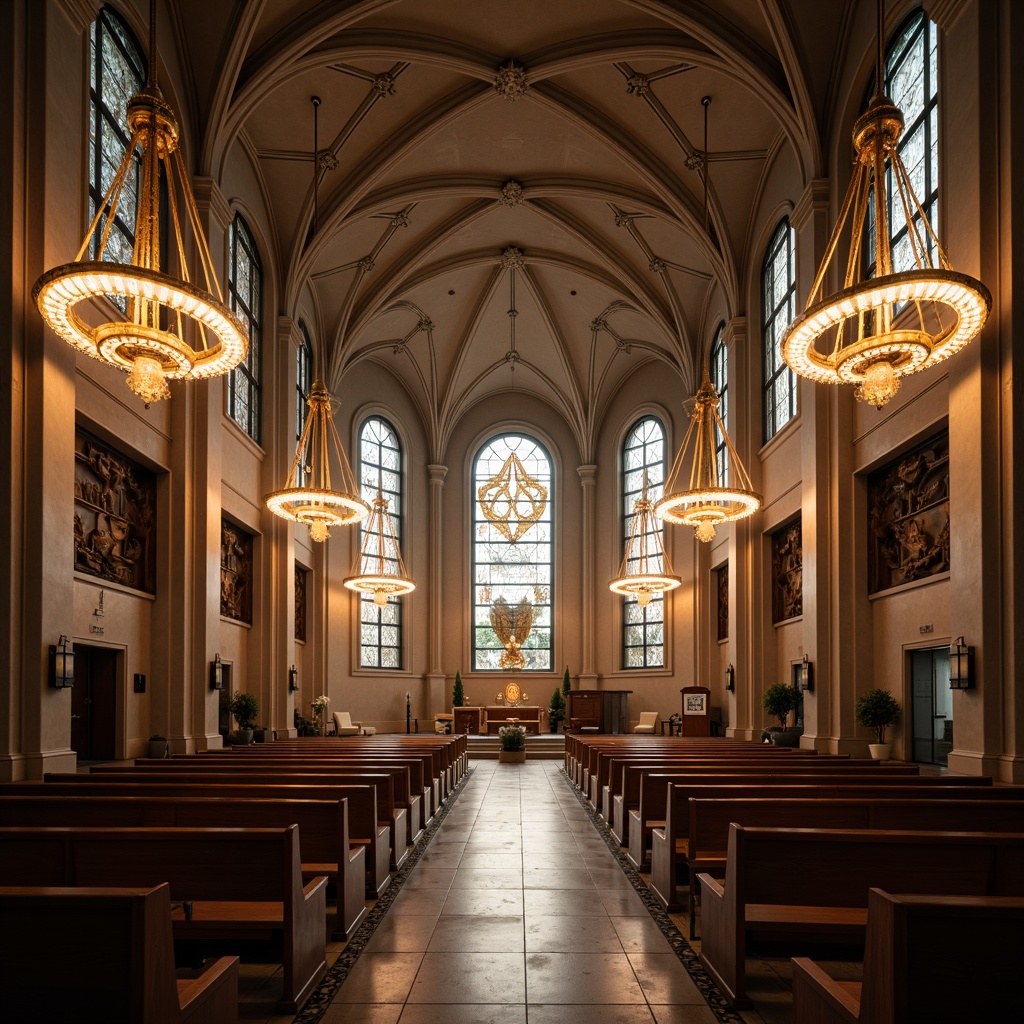 Prompt: Elegant worship hall, high ceilings, grand chandeliers, soft warm lighting, subtle color temperature, ambient illumination, LED strip lights, minimalist fixtures, sacred symbols, intricate stone carvings, stained glass windows, natural light pouring in, dramatic shadows, 1/1 composition, symmetrical framing, realistic textures, atmospheric rendering.