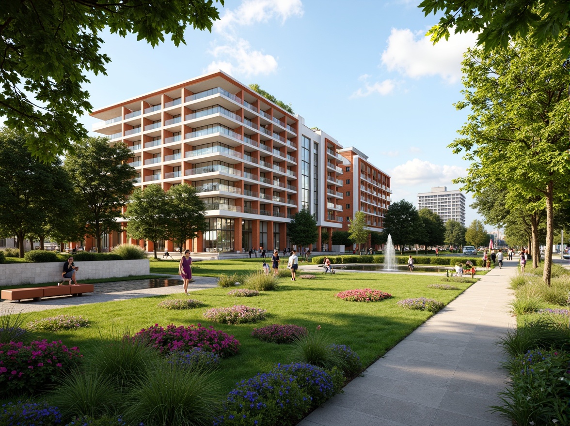 Prompt: Vibrant public administration building, modern architectural design, lush greenery, blooming flowers, manicured lawns, walking paths, benches, ornamental fountains, natural stone walls, water features, urban forest, cityscape views, sunny day, soft warm lighting, shallow depth of field, 3/4 composition, panoramic view, realistic textures, ambient occlusion.