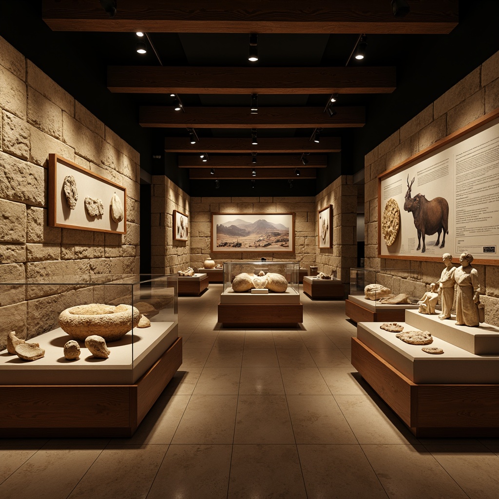 Prompt: Ancient artifacts, museum exhibits, textured stone walls, polished marble floors, wooden display cases, glass shelves, dim warm lighting, soft shadows, subtle color palette, natural history dioramas, fossil displays, ancient civilizations, cultural heritage, educational signage, interactive exhibits, immersive experiences, 3D projections, panoramic views, realistic textures, ambient occlusion.