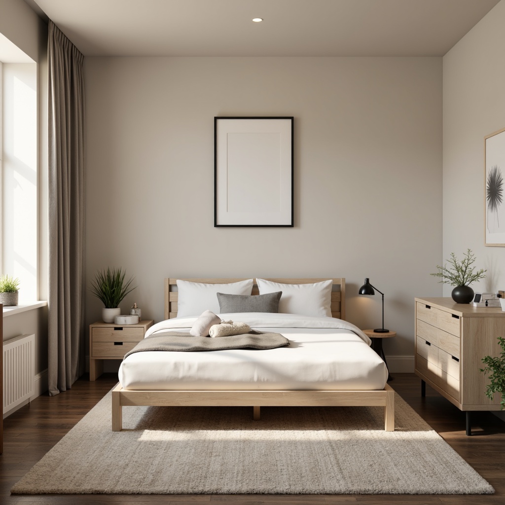 Prompt: Monochromatic dorm room, minimalist decor, soft beige walls, light wood furniture, simple bed frame, crisp white bedding, subtle gray accents, industrial metal lamps, natural fiber rugs, calm atmosphere, warm softbox lighting, shallow depth of field, 1/1 composition, realistic textures, ambient occlusion.