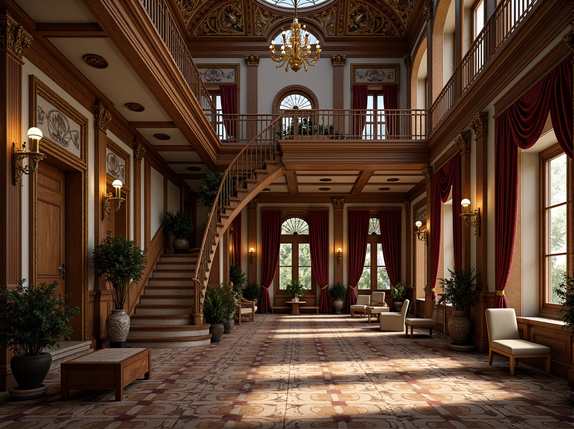 Prompt: Intricate Victorian-era mansion, ornate facades, grand entranceways, carved wooden doors, stained glass windows, patterned tile floors, lavish chandeliers, gilded moldings, floral motifs, curved staircases, luxurious velvet drapes, richly textured wallpapers, warm golden lighting, shallow depth of field, 1/1 composition, realistic renderings, ambient occlusion.