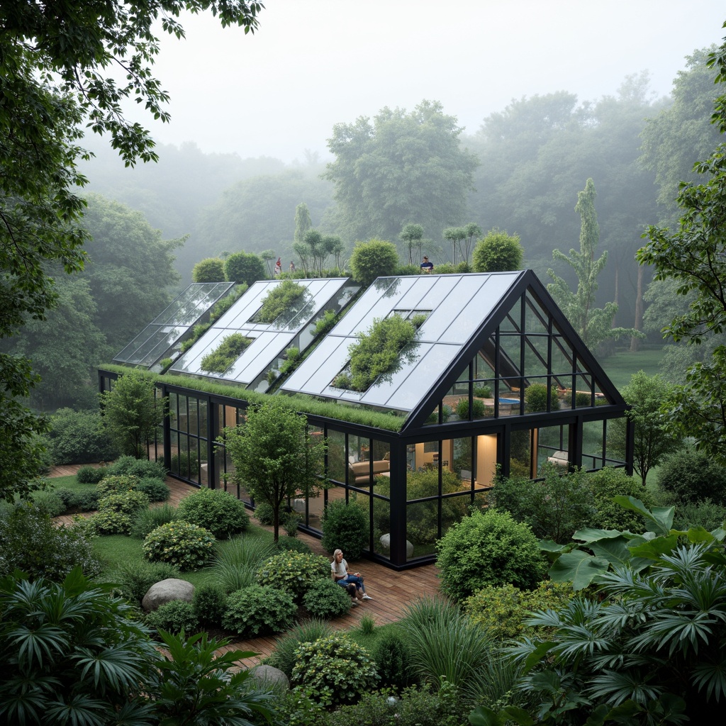 Prompt: Futuristic greenhouse, lush tropical plants, misty atmosphere, sustainable energy harvesting, solar panels, wind turbines, rainwater collection systems, green roofs, living walls, eco-friendly materials, recycled glass fa\u00e7ades, angular metal frames, minimalist interior design, natural ventilation systems, automated climate control, soft diffused lighting, shallow depth of field, 3/4 composition, panoramic view, realistic textures, ambient occlusion.