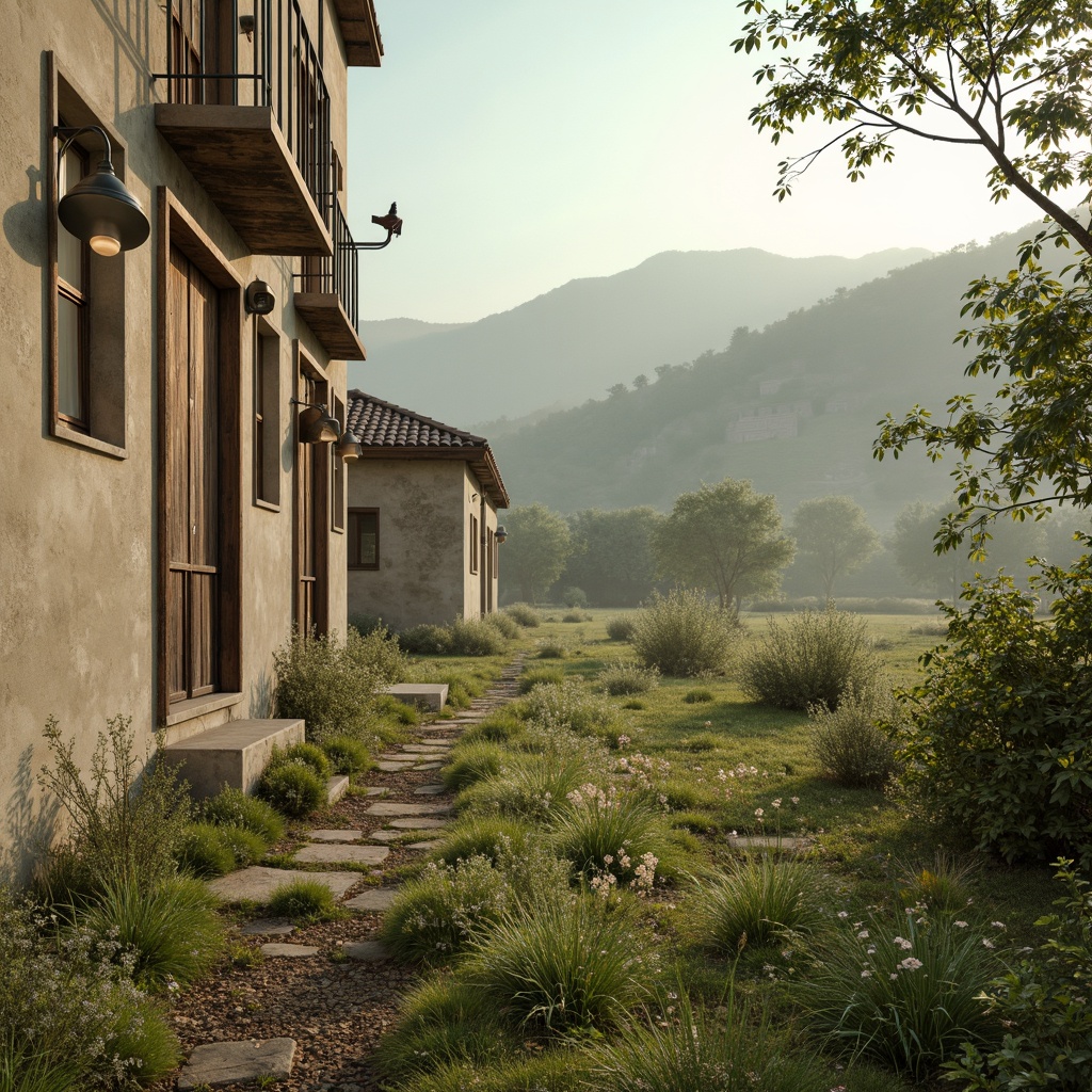 Prompt: Rustic rural landscape, earthy tones, warm beige, soft sage, mossy green, weathered wood textures, vintage metal accents, distressed stone walls, wildflower fields, rolling hills, serene countryside, misty morning light, soft focus, shallow depth of field, 1/2 composition, naturalistic colors, organic shapes, whimsical patterns.