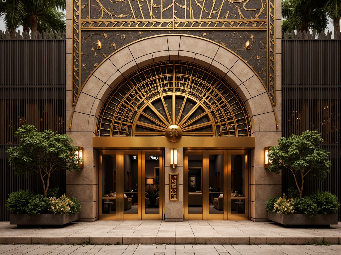 Prompt: Geometric Art Deco facade, ornate metalwork, zigzag patterns, chevron motifs, luxurious materials, polished marble, chrome accents, symmetrical composition, grand entrance, ornamental doors, stylized typography, vintage industrial elements, exposed ductwork, metallic latticework, sunburst designs, bold color schemes, warm golden lighting, shallow depth of field, 1/1 composition, realistic textures, ambient occlusion.