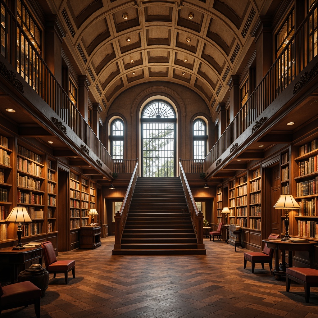 Prompt: Grand library facade, ornate stone carvings, intricately designed arches, stained glass windows, majestic entrance doors, sweeping staircases, warm golden lighting, rich wood paneling, plush velvet furnishings, vintage bookshelves, classic reading lamps, soft misty atmosphere, shallow depth of field, 1/1 composition, symmetrical framing, warm color palette, subtle texture details, ambient occlusion.