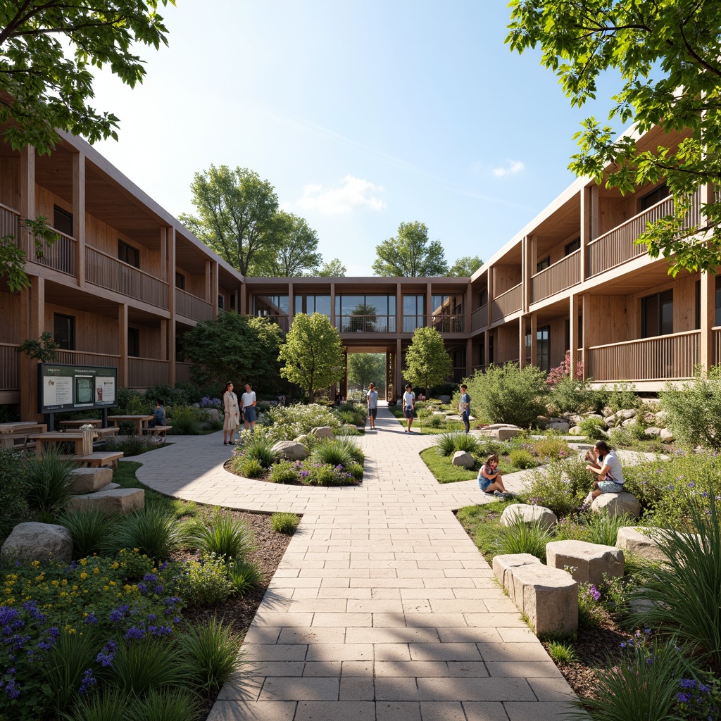 Prompt: \Visitor center courtyard, natural stone paving, lush greenery, native plant species, meandering walkways, educational signage, interactive exhibits, outdoor seating areas, wooden benches, rustic metal railings, modern architecture, large windows, glass doors, cantilevered roofs, sunny day, soft warm lighting, shallow depth of field, 3/4 composition, panoramic view, realistic textures, ambient occlusion.\