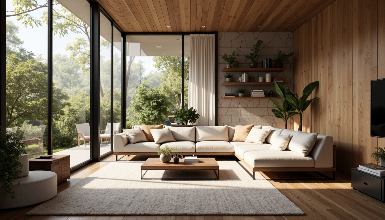 Prompt: Modern living room, sleek minimalist furniture, neutral color palette, natural textiles, wooden accents, floor-to-ceiling windows, abundant natural light, cozy reading nook, plush area rug, geometric patterned wallpaper, ambient warm lighting, 1/1 composition, shallow depth of field, realistic textures, soft focus blur.